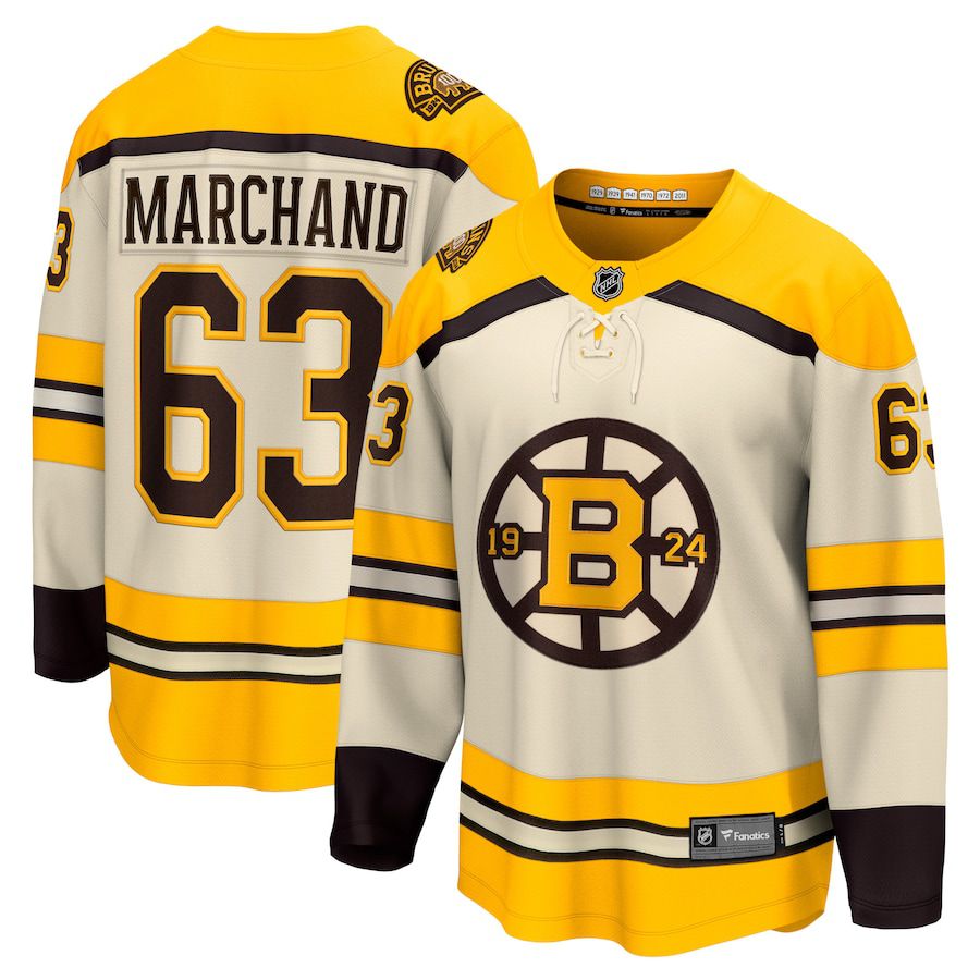 Men Boston Bruins 63 Brad Marchand Fanatics Branded Cream 100th Anniversary Premier Breakaway Player NHL Jersey